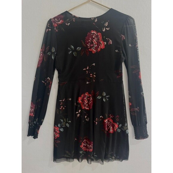 American Rag Black Red Floral Mini Dress Sheer Long Sleeve Boho Romantic Size S - Picture 7 of 14